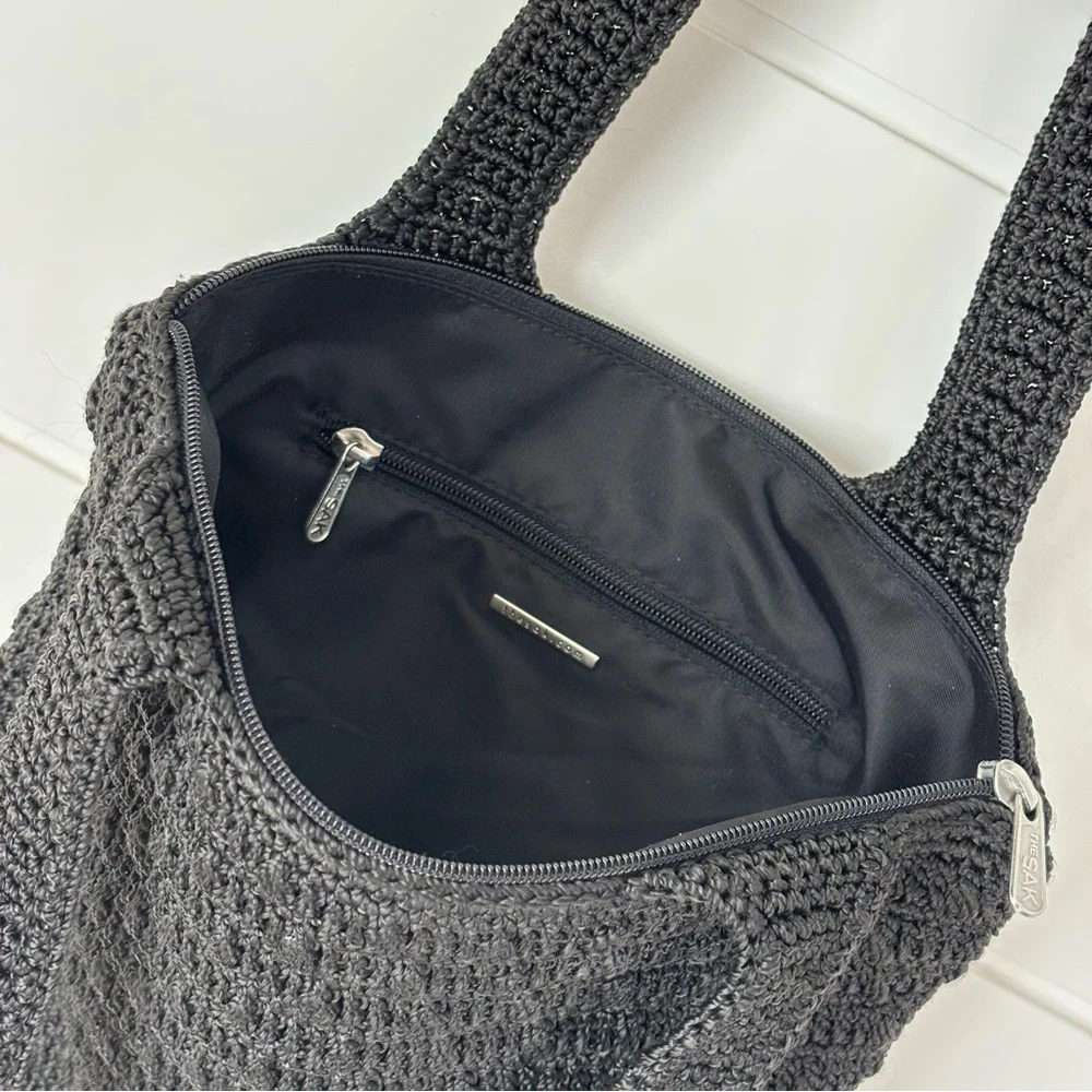 The Sak Black Crochet Knit Handbag Satchel Tote Bag